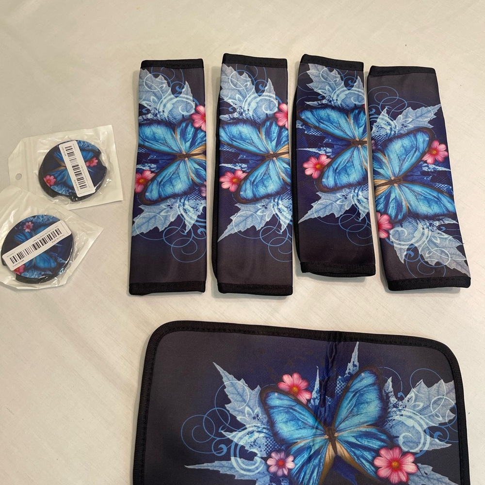 Frienda 7 Pcs Butterfly Car Accessories Blue Seat Belt Console Pads Cup Holder